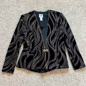 R & M Richards Black & Gold Sparkly Velvety Jacket, Gold Clasp, Retro Cocktail